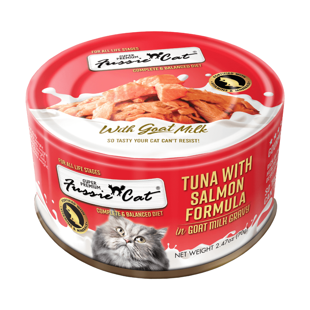 Fussie Cat高竇貓極品吞拿魚 + 三文魚山羊奶湯汁主食罐